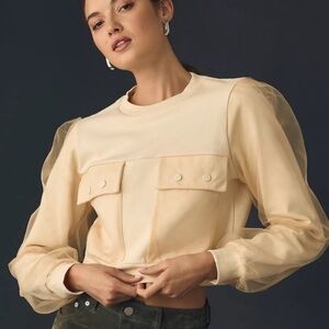 Anthropology Utility Pocket Pullover Sweater Womens Cream Sheer Crew Neck Sz L